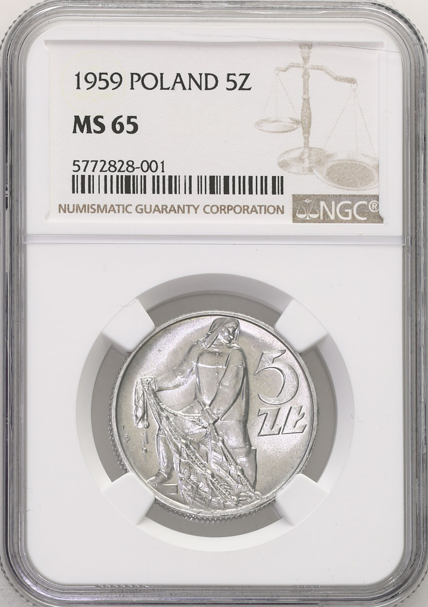PRL. 5 złotych 1959 Rybak aluminium NGC MS65